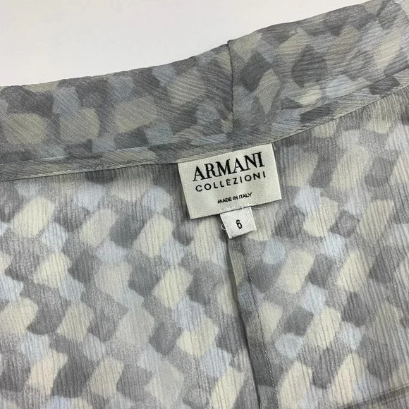 SOLD Armani Collezioni Vintage Y2K Gray 3/4 Crop Sleeve Ruffle Neck Sheer Silk - Picture 2 of 14